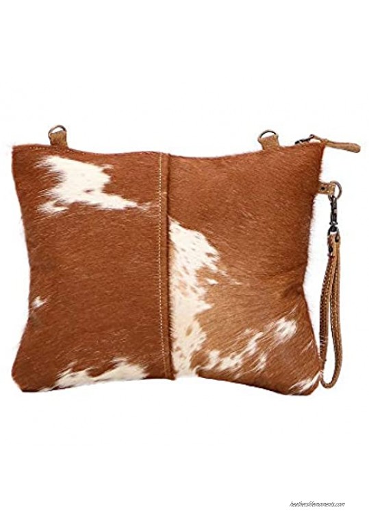 Myra Bag Ivory & Drab Upcycled Leather & Cowhide Wristlet Pouch Bag S-1491