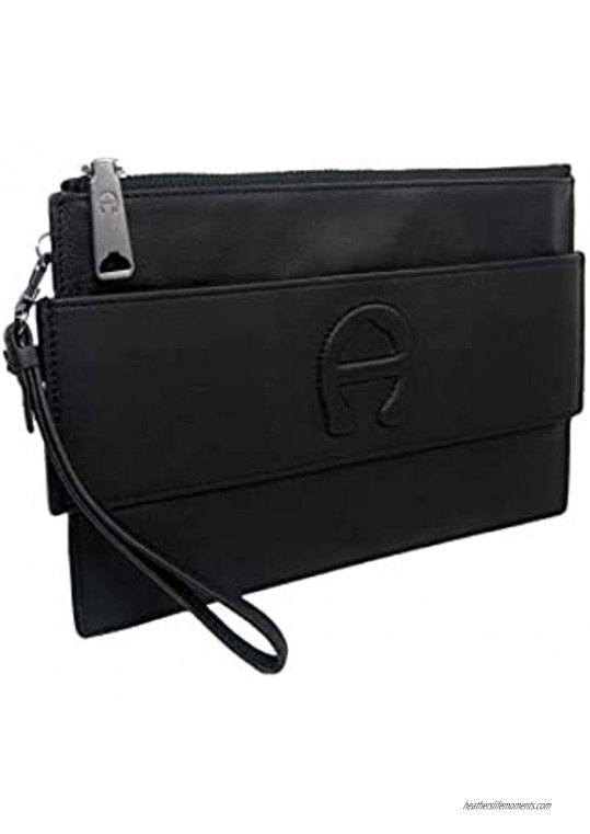 New Etienne Aigner A Logo Large Wristlet Purse Hand Bag Geniune Leather Black
