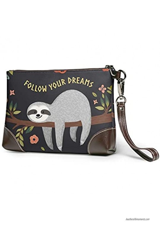 wristlet purse for women cute baby sloth on the tree clutch handbags leather wallet