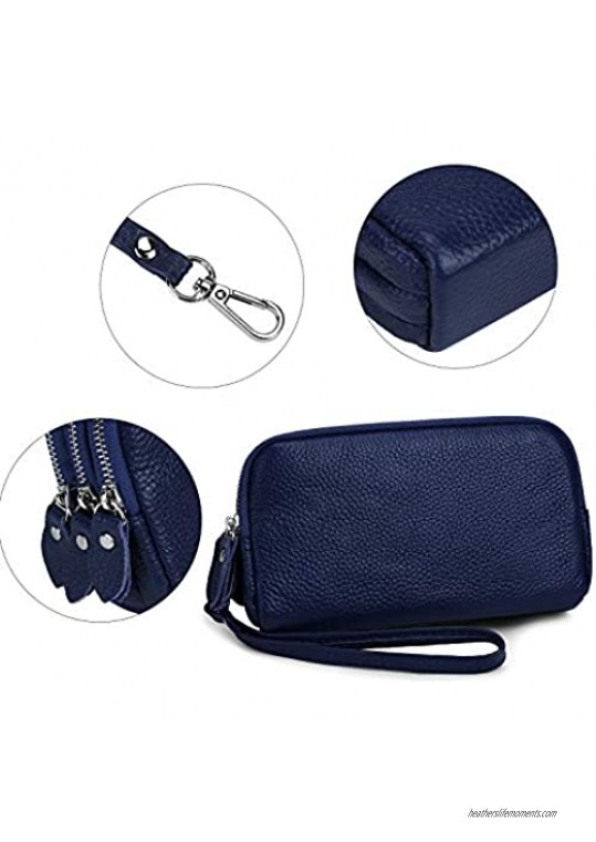 Yaluxe Wristlet Coin Purse Triple Zipper Pocket Womens Small Genuine Leather Zipper Wallet Pouch with Removable Wrist