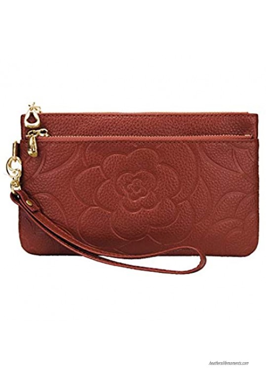 YALUXE Wristlet for Women Real Leather Flower Rose Large Clutch Wallet Phone Pro Max