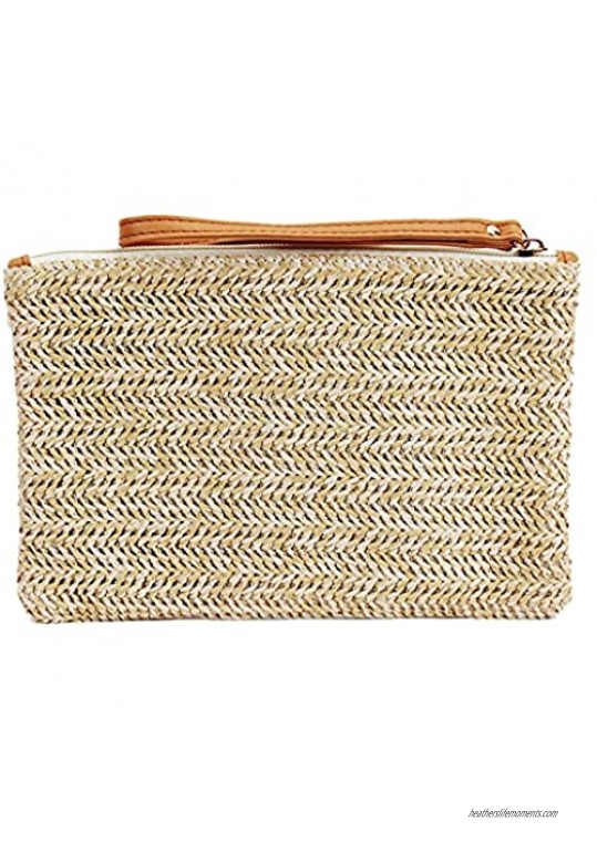 ZLM BAG US Natural Straw Boho Purse Zipper Wristlet Wallet Handwoven Beach Clutch Bag