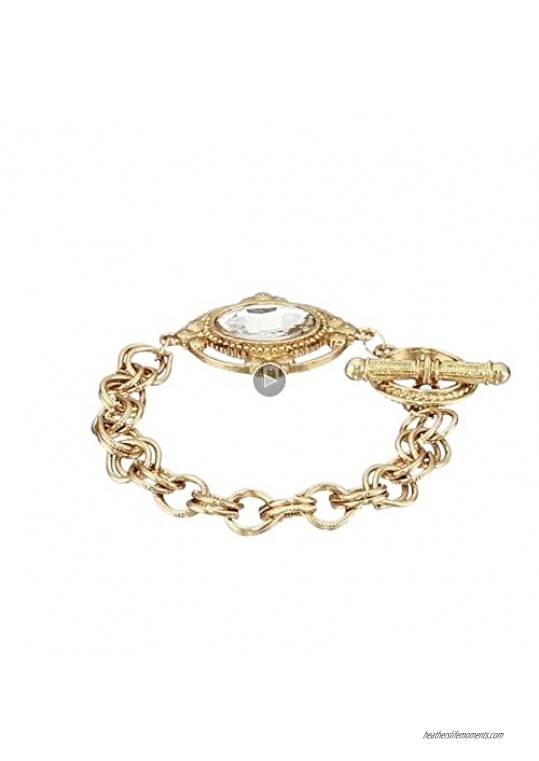 1928 Jewelry Gold-Tone Crystal Faceted Oval Stone Toggle Link Charm Bracelet Clear Crystal