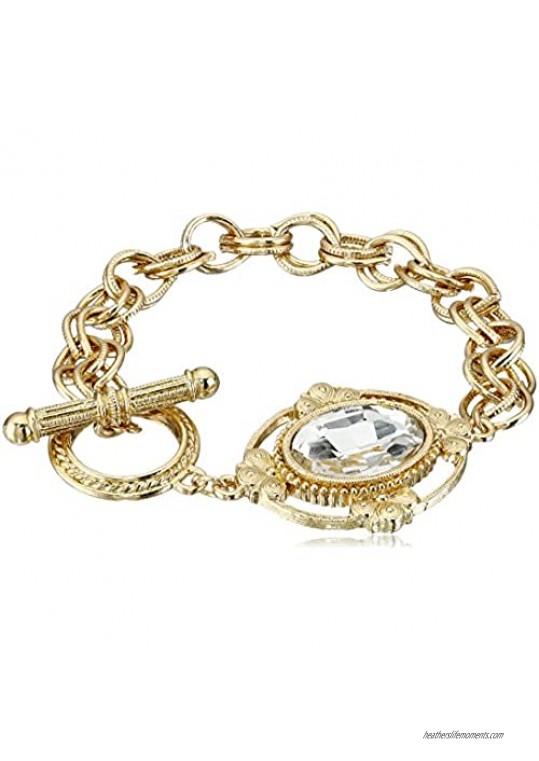 1928 Jewelry Gold-Tone Crystal Faceted Oval Stone Toggle Link Charm Bracelet  Clear Crystal