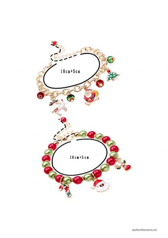 2 Pieces Christmas Bracelets Xmas Tree Santa Claus Jingle Bell Elk Reindeer Dangle Beaded Charm Gift Jewelry for Women Girls Kids Christmas Party Favors