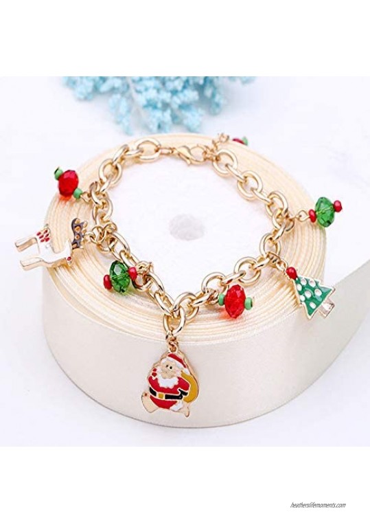 2 Pieces Christmas Bracelets Xmas Tree Santa Claus Jingle Bell Elk Reindeer Dangle Beaded Charm Gift Jewelry for Women Girls Kids Christmas Party Favors