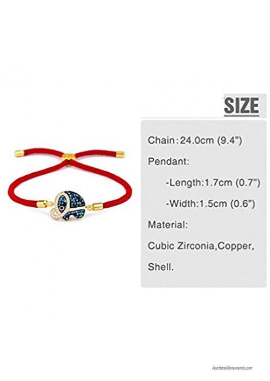Barsly Abalone Shell Cute Elephant Bracelet Woman Man CZ Animal Bracelet with Black & Red String Rope Dubai Gold Jewelry