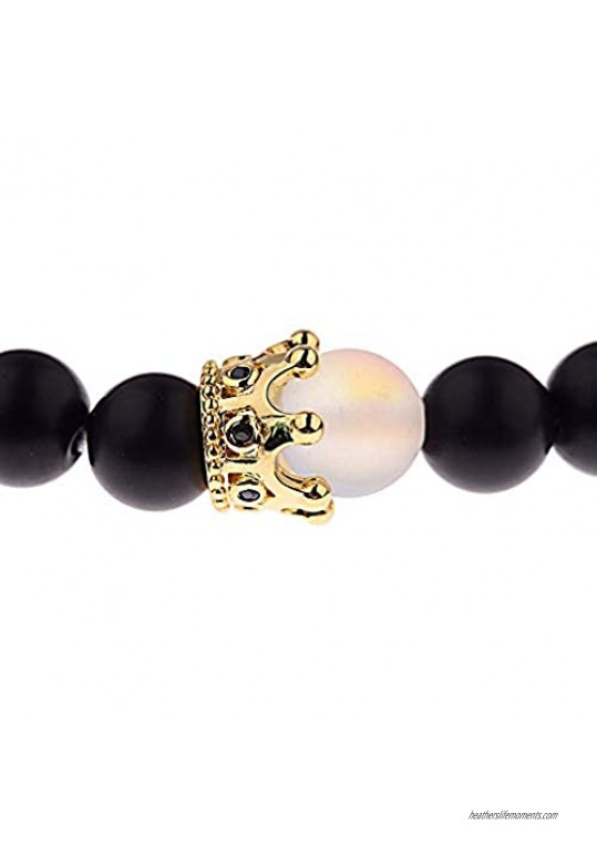 Barsly Charm Couple Bracelet Black Matte&Transparent Crown King Beads Stone Bracelet Lovers Gift
