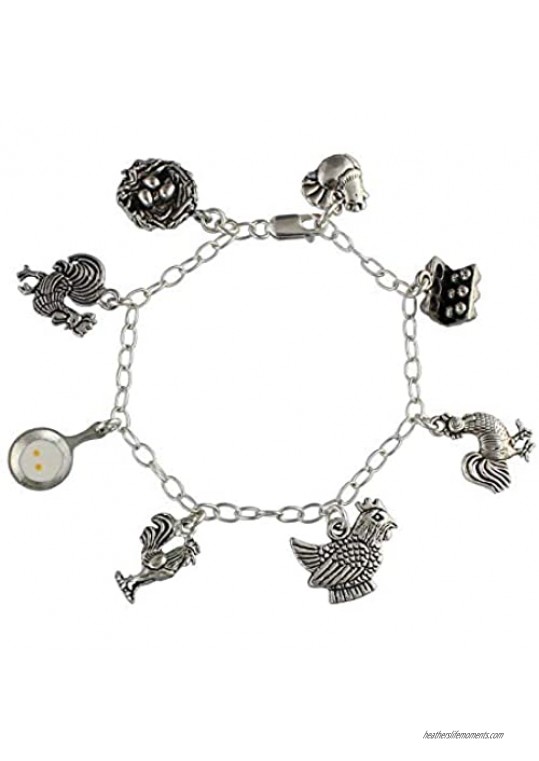 Night Owl Jewelry Chickens  Roosters  Hens  & Eggs Charm Bracelet - Pewter Fowl Charms on Sterling Silver Chain