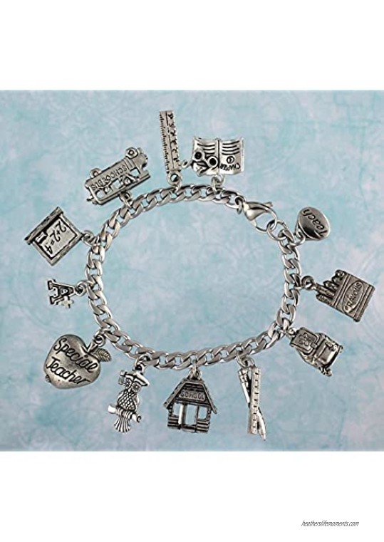 Night Owl Jewelry Special Teacher Stainless Steel & Pewter Charm Bracelet- Education Themed Charms- Size XS-XL