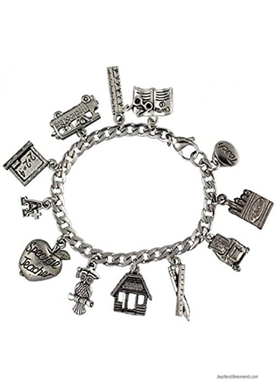 Night Owl Jewelry Special Teacher Stainless Steel & Pewter Charm Bracelet- Education Themed Charms- Size XS-XL
