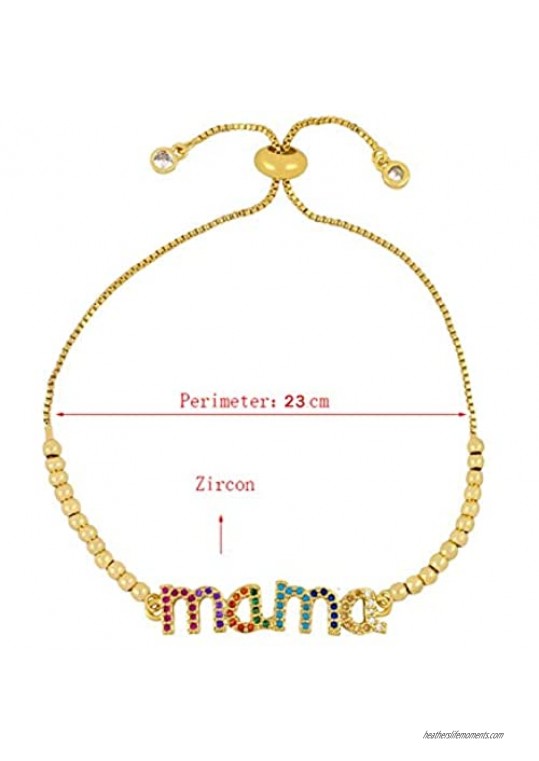 Pingyongchang Rhinestone Mama Charms Bracelet Colorful Crystal Alphabet Pendants Linear Chain Bracelets Mini Mummy Jewelry Mother's Day Bangle Jewelries Best Mom Gifts for Women Girls