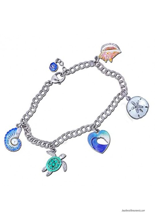 Sea Life - Sea Turtle Conch Nautilus Sand Dollar and Heart of the Sea - Charm Bracelet in Sterling Silver and Fine Enamels