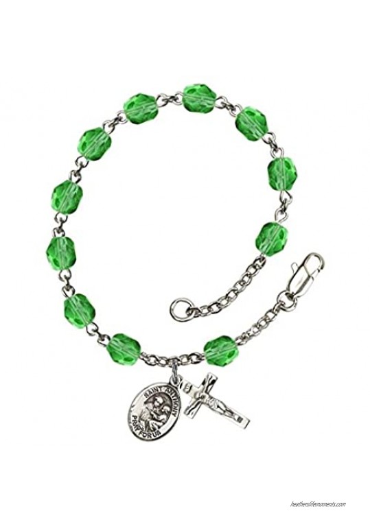 St. Anthony of Padua Silver Plate Rosary Bracelet 6mm August Green Fire Polished Beads Crucifix Size 5/8 x 1/4 medal charm