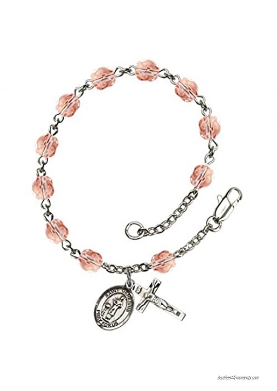 St. Genesius of Rome Silver Plate Rosary Bracelet 6mm October Pink Fire Polished Beads Crucifix Size 5/8 x 1/4 medal charm