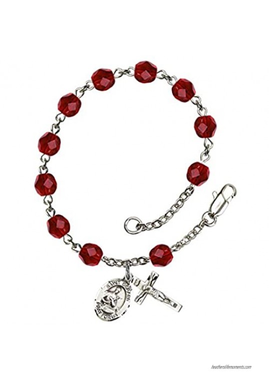 St. Gerard Majella Silver Plate Rosary Bracelet 6mm July Red Fire Polished Beads Crucifix Size 5/8 x 1/4 medal charm