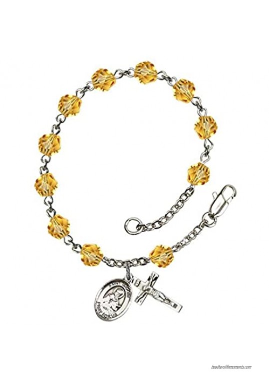 St. Isidore of Seville Silver Plate Rosary Bracelet 6mm November Yellow Fire Polished Beads Crucifix Size 5/8 x 1/4 medal