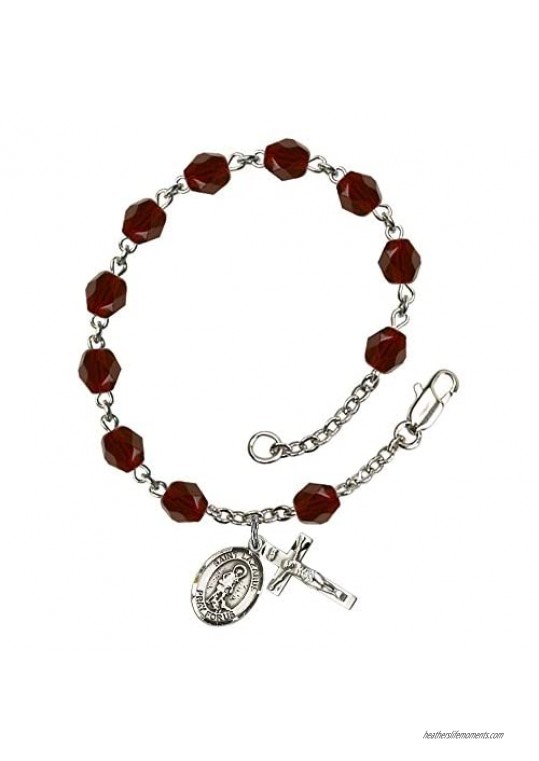 St. Lazarus Silver Plate Rosary Bracelet 6mm January Red Fire Polished Beads Crucifix Size 5/8 x 1/4 medal charm