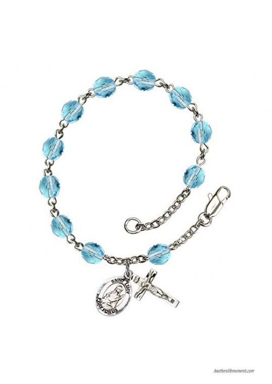 St. Lucy Silver Plate Rosary Bracelet 6mm March Light Blue Fire Polished Beads Crucifix Size 5/8 x 1/4 medal charm