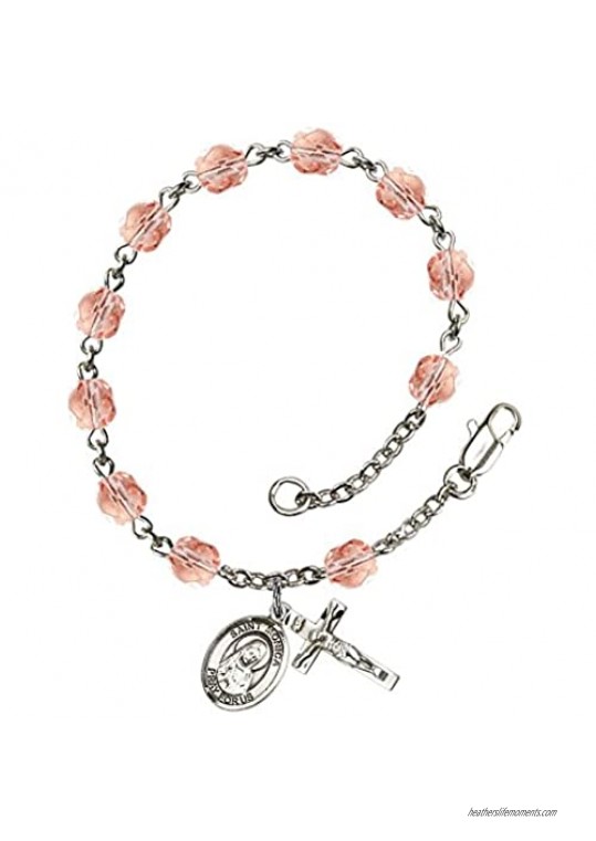 St. Monica Silver Plate Rosary Bracelet 6mm October Pink Fire Polished Beads Crucifix Size 5/8 x 1/4 medal charm