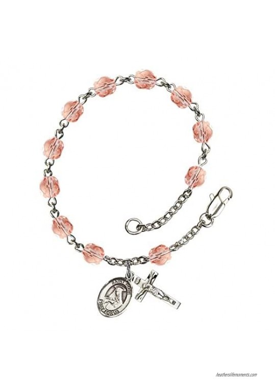 St. Rose of Lima Silver Plate Rosary Bracelet 6mm October Pink Fire Polished Beads Crucifix Size 5/8 x 1/4 medal charm