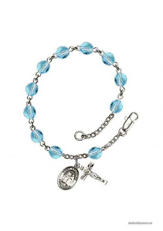 St. Valentine of Rome Silver Plate Rosary Bracelet 6mm March Light Blue Fire Polished Beads Crucifix Size 5/8 x 1/4 medal