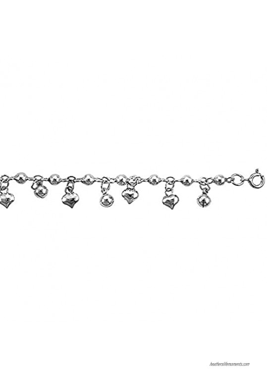 Sterling Silver Dangling Beads and Jingle Bells and Hearts Charm Charm Bracelet for Women Beaded Links11mm Drops fits 7-8 inch wrists