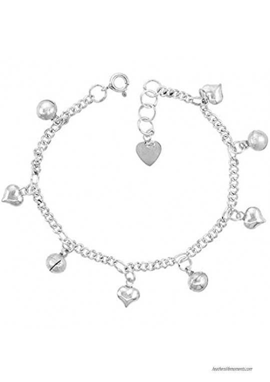 Sterling Silver Dangling Hearts and Jingle Bells Charm Charm Bracelet for Women 12mm drop fits 7-8 inch wrists