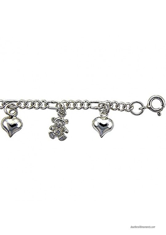 Sterling Silver Dangling Hearts and Teddy Bears Charm Charm Bracelet for Women 14mm drops fits 7-8 inch wrists