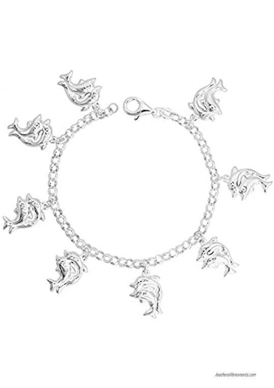 Sterling Silver Double Dolphin Bracelet for Women 7/8 inch Dangling Charms 7 inches long