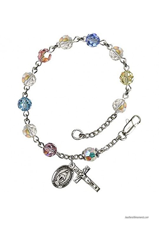Sterling Silver Rosary Bracelet 6mm Multi-Color Swarovski Austrian Tin Cut Aurora Borealis beads Crucifix sz 5/8 x 1/4.