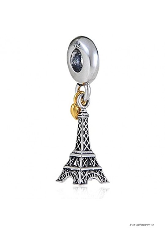 The Paris Eiffel Tower Charm with Golden Heart Authentic 925 Sterling Silver Fit for European Bracelet
