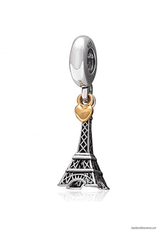 The Paris Eiffel Tower Charm with Golden Heart Authentic 925 Sterling Silver Fit for European Bracelet