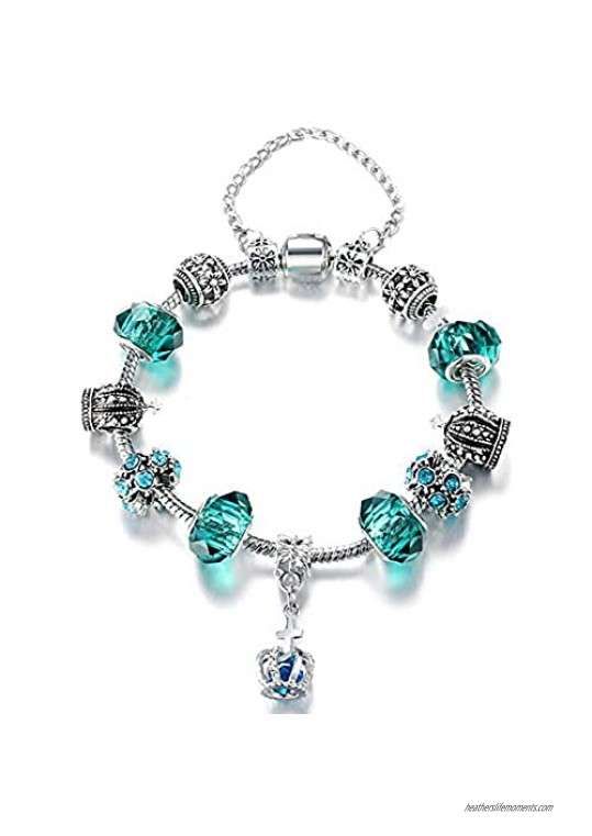 Ashliana Vintage Carved Handmade Glass & Swarovski Elements Crystal Sterling Silver Plated Charm Bracelets in Gift Box