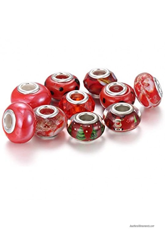 BRCbeads 10Pcs Mix Silver Plate RED Theme Murano Lampwork European Glass Crystal Charms Beads Spacers Snake Chain Charm Bracelets.