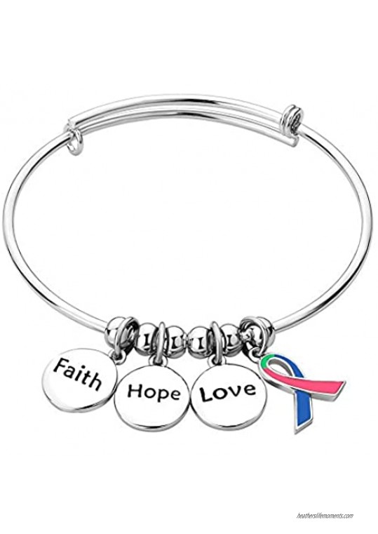 CLY Jewelry Engraved Expandable Bangle Bracelet Three Circle Pendant Faith Hope Love Cancer Ribbon Never Give Up Support and Love Ideal Gift for Women Girl Birthday