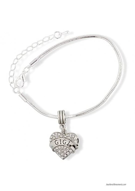 GiGi Bracelet | Grandma Grandmother Text on Rhinestone Heart Stainless Steel Snake Chain Charm Bracelet