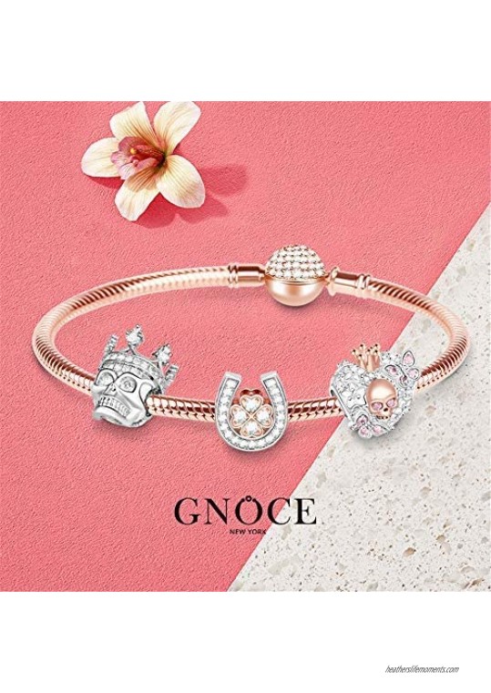 GNOCE Rose Gold Charm Bracelet for Women 925 Sterling Silver Snake Chain Bracelet with Skull Charm Bead Basic Charm Bangle with Clasp
