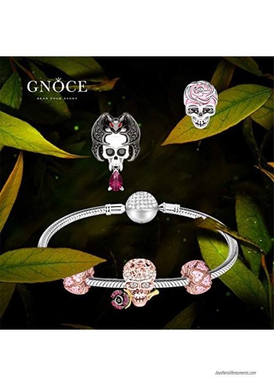 GNOCE Rose Gold Charms Bracelet Sterling Silver Snake Chain with Skull Charm Bead and 2 Pink Stoppers Luck and Happiness Basic Charm Bracelet with Clasp Jewelry Gift for Women