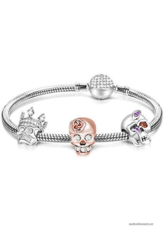 GNOCE Skull Charm Bracelet for Women 925 Sterling Silver Snake Chain Bracelet with Skull Charm Bead Basic Charm Bangle with Clasp