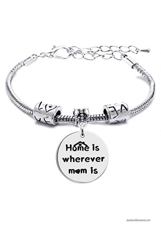 Mom Charm Bracelets for Women Mother's Day Gifts Snake Chain from Daughter Son - Home is wherever mom is