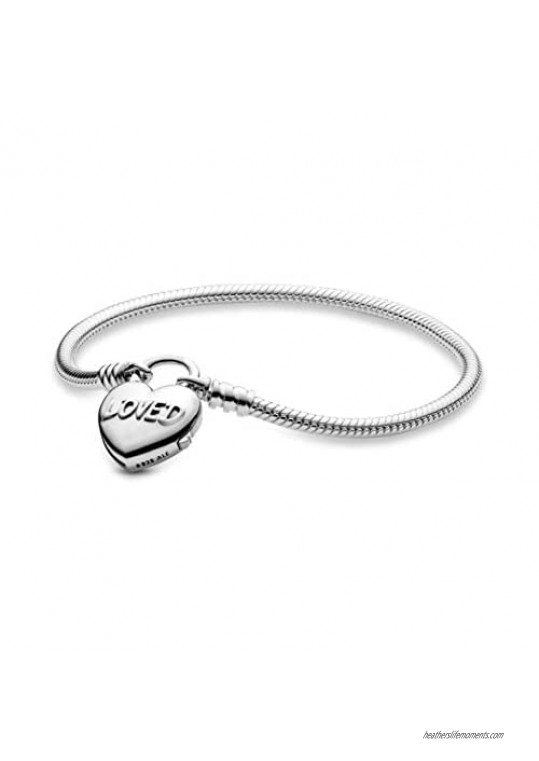 Pandora Jewelry Moments Heart Padlock Clasp Snake Chain Sterling Silver Bracelet  6.7"