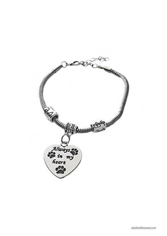 Paw Print Bracelet - Always In My Heart - Dog Charm Engraved - Heart and Paw Print - Dog Puppy Cat Animal Paw Bracelet - Gift for Women Girls Kids - Adjustable