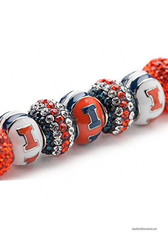 University of Illinois Charm | UIUC Fighting Illini - Bracelet with 3 I Charms and 6 Crystal Beads I Charm | Officially Licensed University of Illinois Jewelry | UIUC Gifts | Stainless Steel