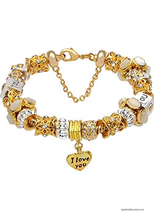 White Crystal Beads I Love You Heart Pendant Gold-Tone Charm Complete Beaded Bracelet