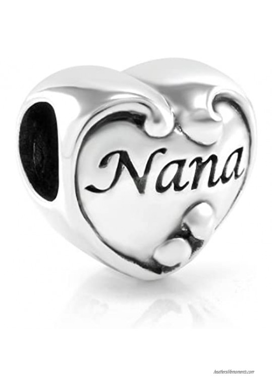 925 Sterling Silver Mom Grandma Nana Family Heart Bead Charm Fit Major Brand Bracelet