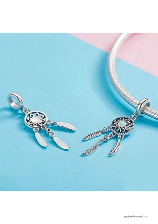 ABAOLA Dream Catcher Dangle 925 Sterling Silver Charm Feather Beads for Fashion Charms Bracelet & Necklace