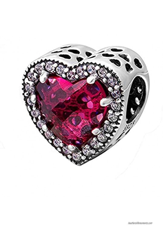 ABUN Radiant Heart Charm with Red and Clear CZ 925 Sterling Silver Love Charm for Bracelet Valentines Gifts