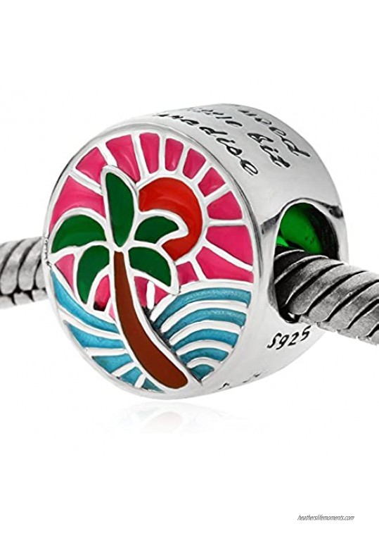 ARTCHARM Tropical Sunset Charm 925 Sterling Silver Palm Tree Ocean Sun Beads Sea Waves Charms