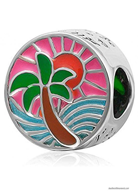 ARTCHARM Tropical Sunset Charm 925 Sterling Silver Palm Tree Ocean Sun Beads Sea Waves Charms